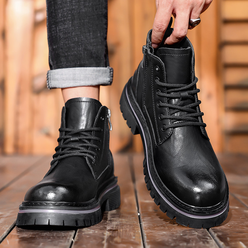 秋冬季马丁靴男款英伦风潮百搭男士高帮皮鞋侧拉链中帮工装短靴子