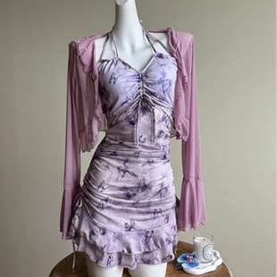 新款裙式显瘦遮肚连体泳衣长袖防晒保守两件套温泉海边泳衣4210