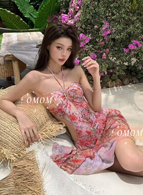 2026年新款性感纯欲风印花连体泳衣显瘦挖腰海边温泉度假泳衣6030