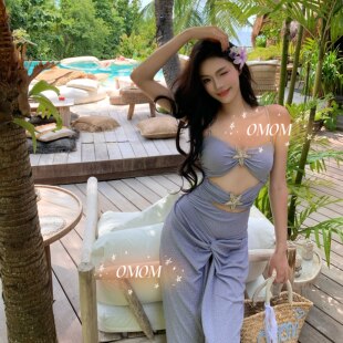 高级感紫色包臀连体亮闪闪水钻温泉度假泳衣4170 灿若繁星