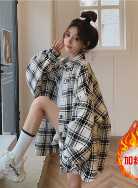 加绒加厚大码中长款格子衬衫外套女秋冬胖mm宽松复古显瘦保暖上衣