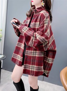春秋复古磨毛加厚格子衬衫女新款秋冬韩版宽松百搭小个子外套上衣