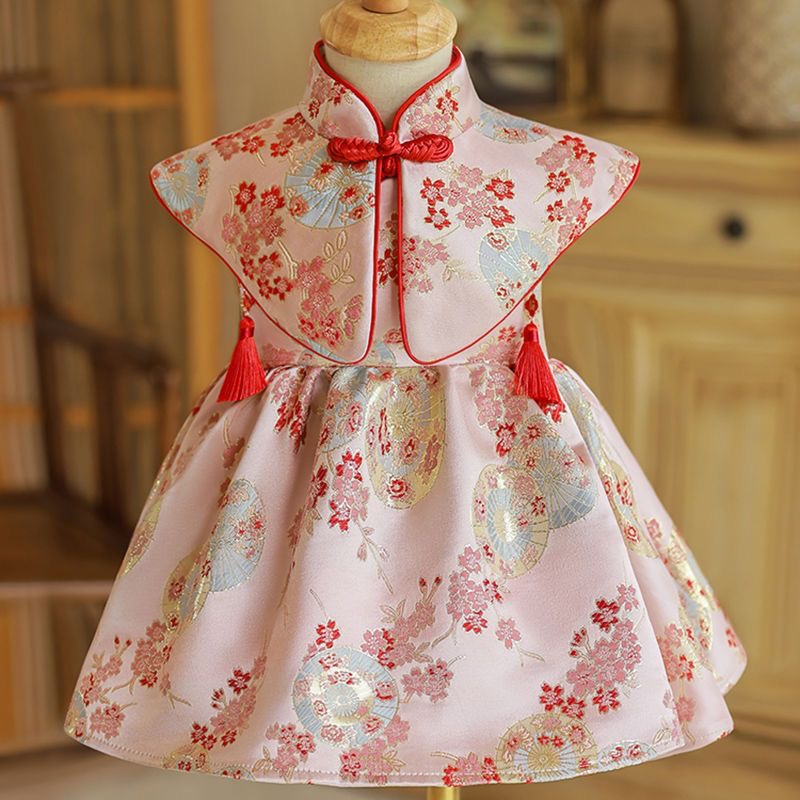 儿童六一婚宴花童表演女童礼服连衣裙披肩红色旗袍两件套装高端