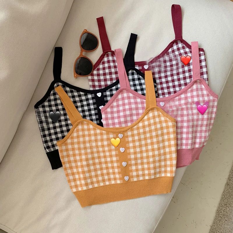 Girl Crop Top Women Plaid Buttons Spaghetti Camis Club Sexy