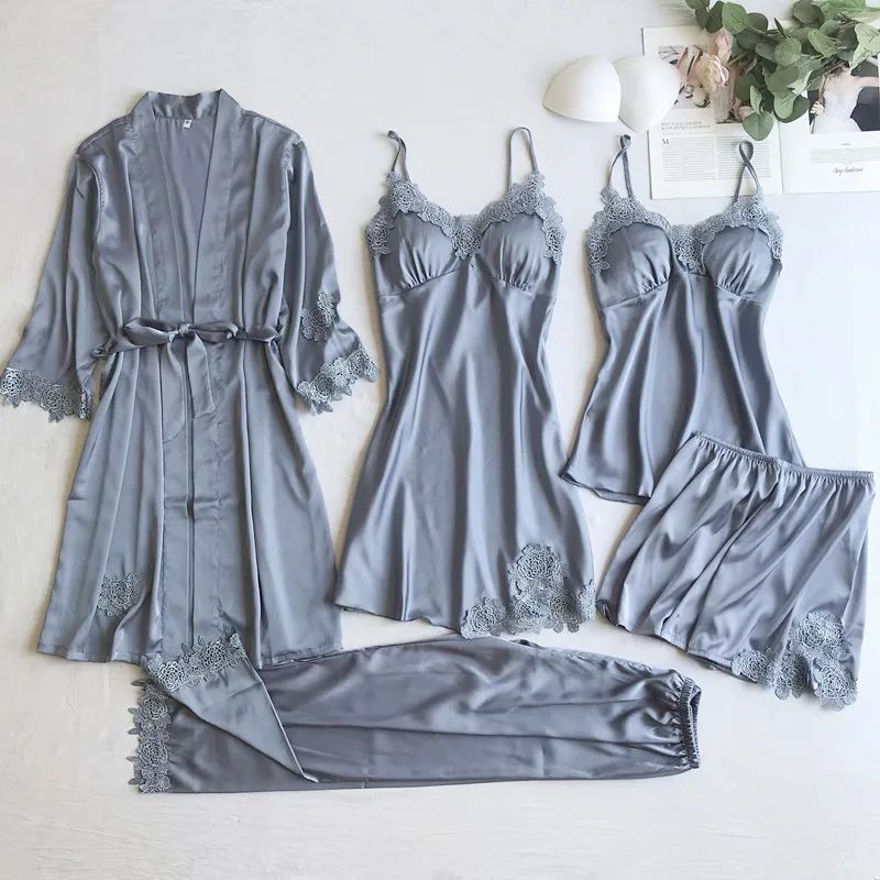 Gray Nightgown Set Women Lace Nightwear V-Neck Pajamas Suit