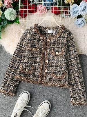 New Autumn Winter Vintage Tweed Jacket Coat Women Small Frag