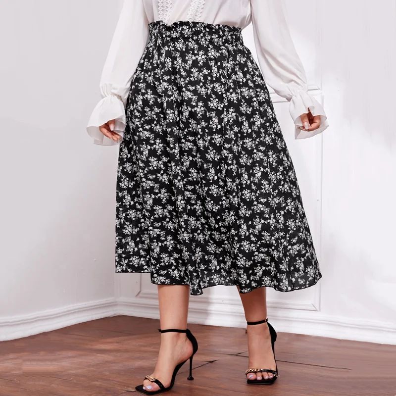 Plus Size Floral Print Elegant Long Summer Skirt Women Elast