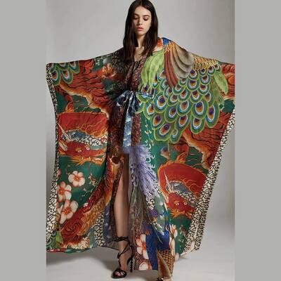 Dragon and phoenix patterned beach jacket beach smock kimono