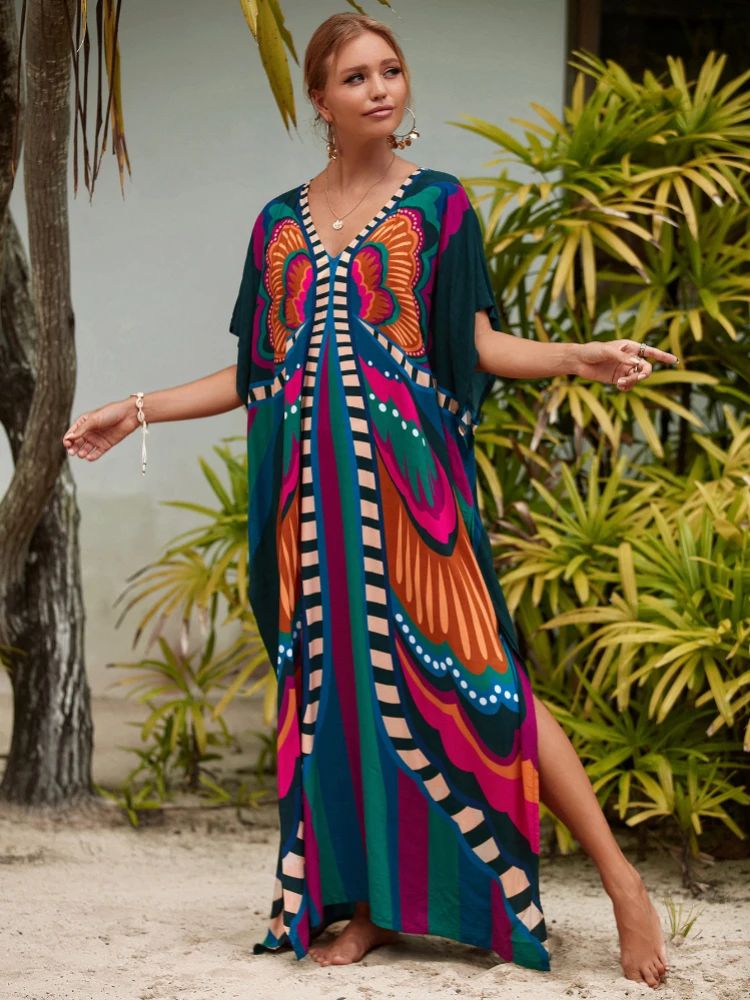 Kaftan Dresses Beach ver Ups Women Bohemian Maxi Robe Printe