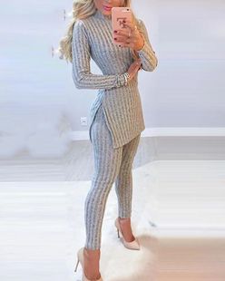 2023 Knitted Winter Fall Sleeve Suits Women Long Piece Rib