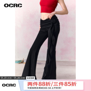 OCRC 女夏可拆卸飘带花朵抽褶低腰显瘦休闲裤 Official黑色微喇裤