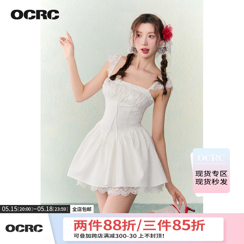 OCRC Official 度假风钩花小飞袖抽绳收腰连衣裙甜美少女白色裙子