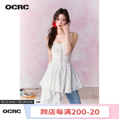 OCRC Official海边度假风吊带裙夏季女不规则下摆镂空白色连衣裙