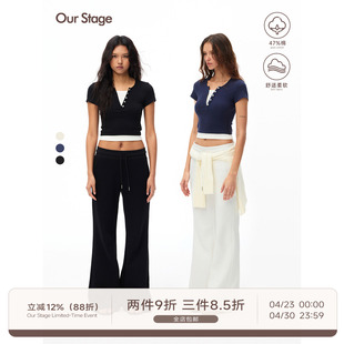 Our Stage 高弹不易变形假两件短款上衣女夏季亨利领撞色短袖T恤