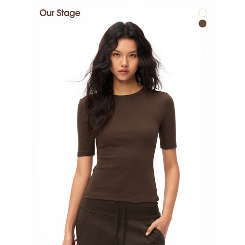Our Stage 经典有机棉简约圆领修身显瘦咖色中袖T恤上衣女