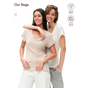Our 甄选天丝羊毛细腻亲肤显瘦遮肉v领蝙蝠袖 堆叠短袖 T恤 Stage