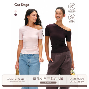 Our Stage 92%莱赛尔亲肤丝滑透气不闷汗斜肩修身型短袖T恤夏季女