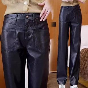高腰休闲宽松小个子pu皮加绒直筒裤 女春秋2025新款 子 阔腿皮裤 窄版