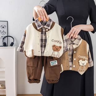 春秋款 马甲三件套宝宝衣服洋气童装 2025新款 开衫 儿童秋季 男童套装