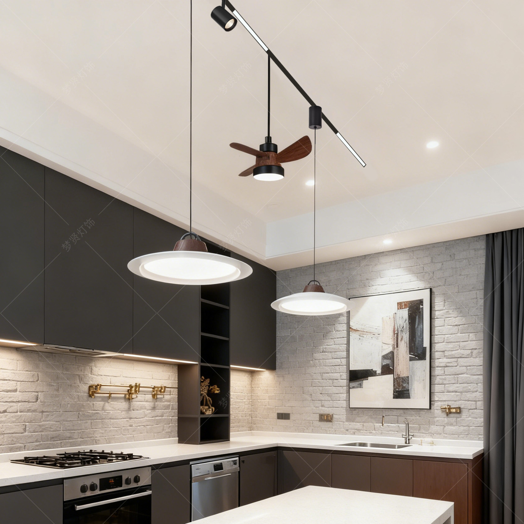 超薄明装磁吸轨道餐厅吊灯可移位升降意式极简中古风吧台饭厅吊灯