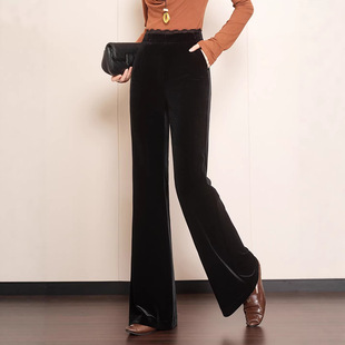 金丝绒裤子轻奢高级感黑色微喇裤秋季蕾丝腰拼接显瘦喇叭长裤