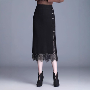 开叉针织毛线裙女2026秋冬新款高腰显瘦一步裙蕾丝包臀裙两面穿