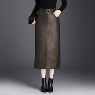PU皮裙长款开叉一步裙半身裙秋季女2026新款高腰显瘦遮肚子包臀裙