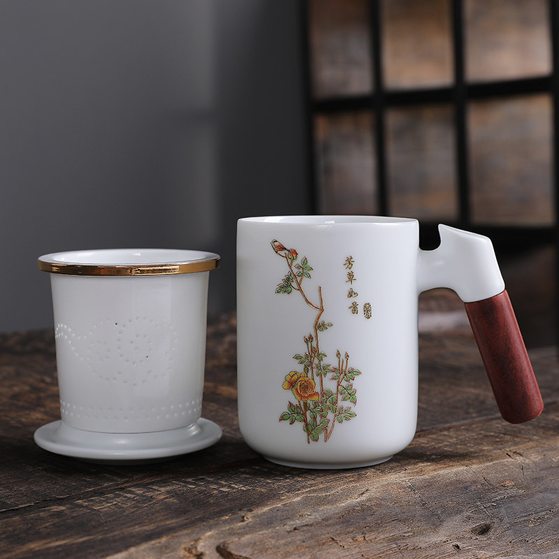 百顺福中式办公杯手绘茶水分离杯
