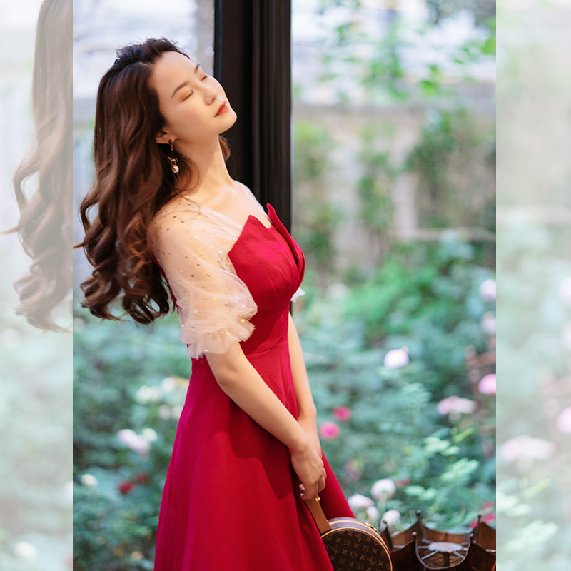 好嫁风相亲战袍2021新款仙女系长裙初恋温柔风小个子裙红色连衣裙