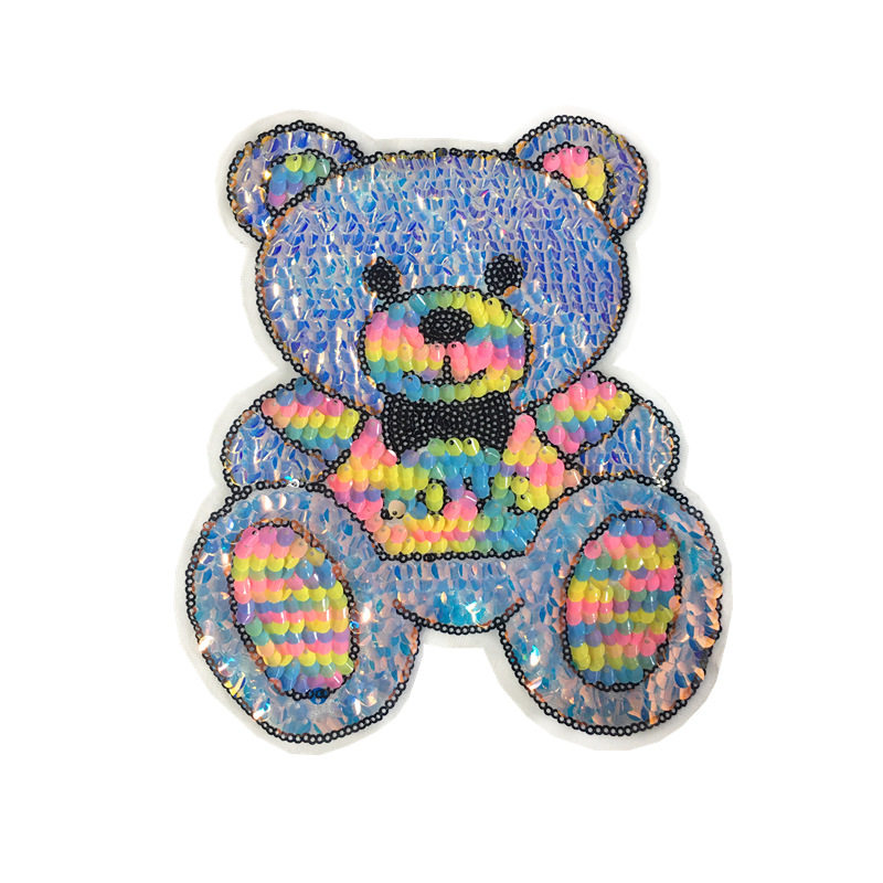 小熊卡通七彩熊珠片绣女装服饰搭配布贴刺绣辅料