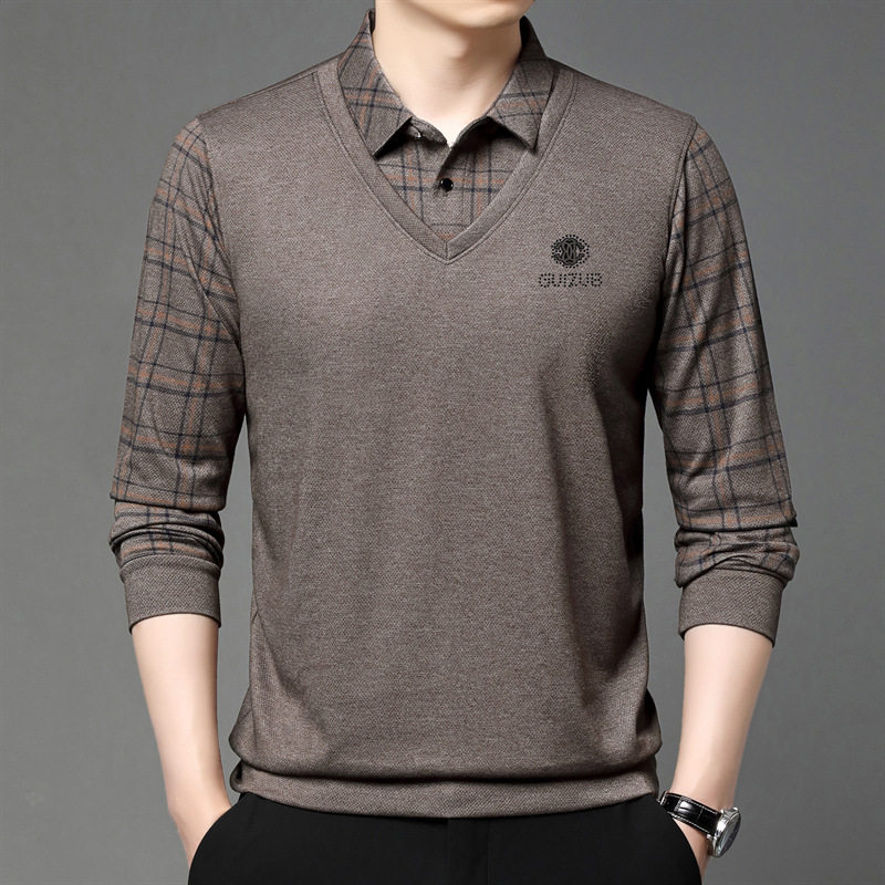 厂家春秋季新款男士假两件T恤男中年商务装衬衫领拼接长袖打底衫