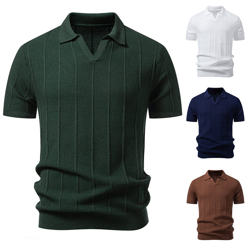 夏季韩版竖条纹V领针织冰丝polo衫短袖男高级感轻奢商务休闲T恤衫