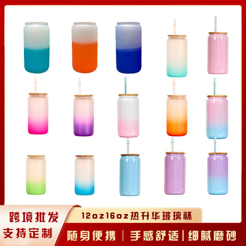 热升华12oz16oz玻璃杯吸管杯可乐杯梅森杯竹木盖水杯现货厂家