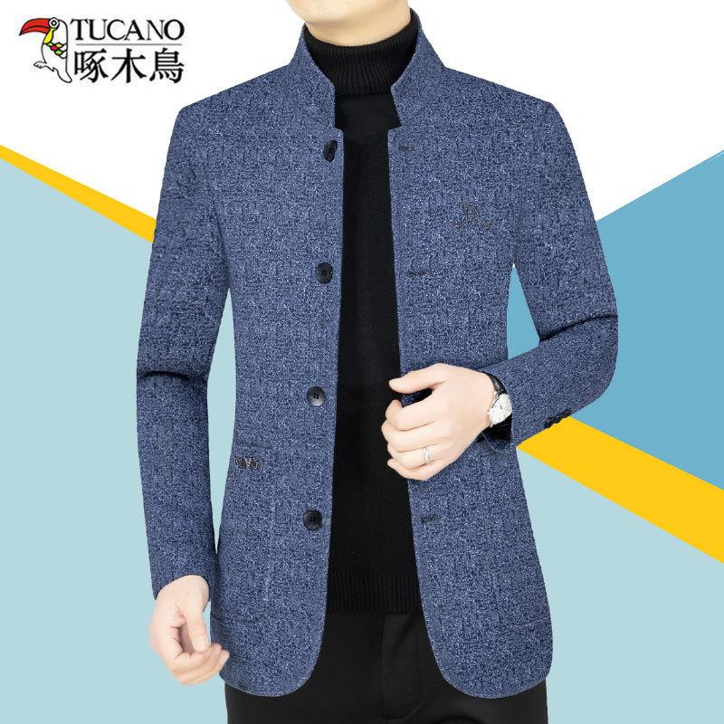 啄木鸟春秋款羊毛大衣立领中年男士商务休闲夹克韩版爸爸外套修身