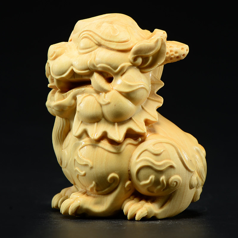 小叶黄杨木雕麒麟摆件木头根雕车内饰品手把件红木家居装饰工艺品