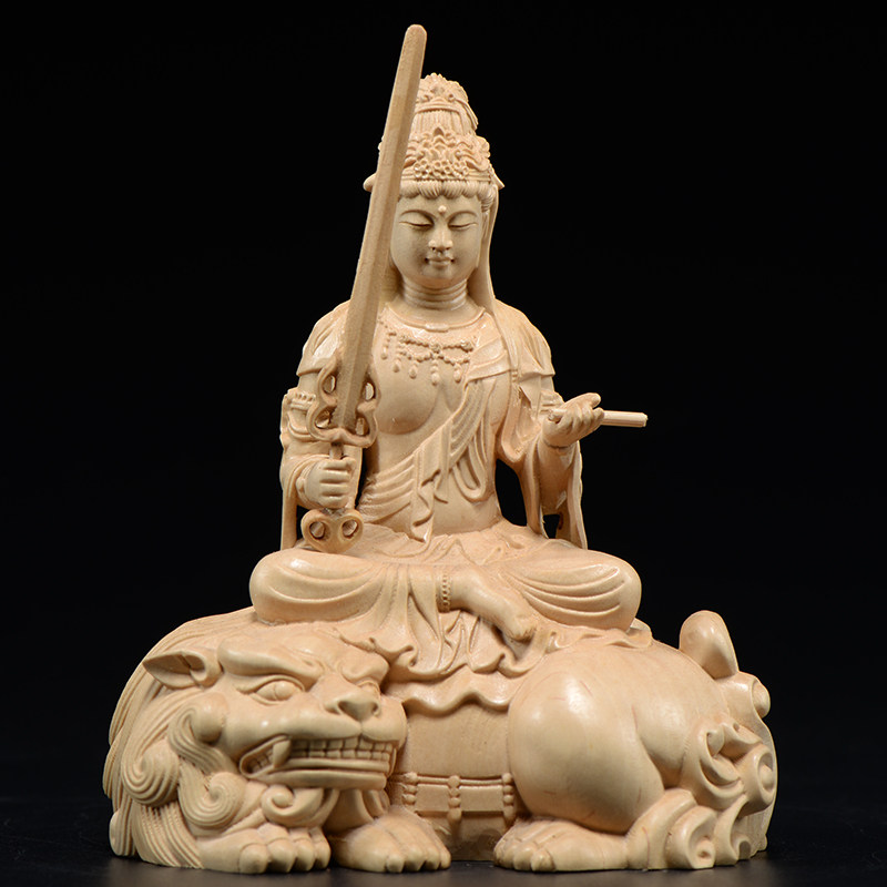 小叶黄杨木雕文殊菩萨摆件实木头雕刻根雕佛像红木家居饰品工艺品