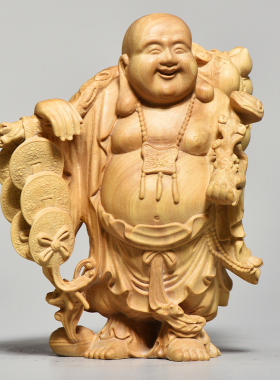 黄杨实木雕刻弥勒佛摆件木头根雕大肚笑佛像家居客厅装饰工艺礼品
