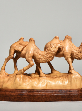 黄杨木创意风水客厅办公装饰雕刻工艺品商务礼品木雕骆驼摆件征途
