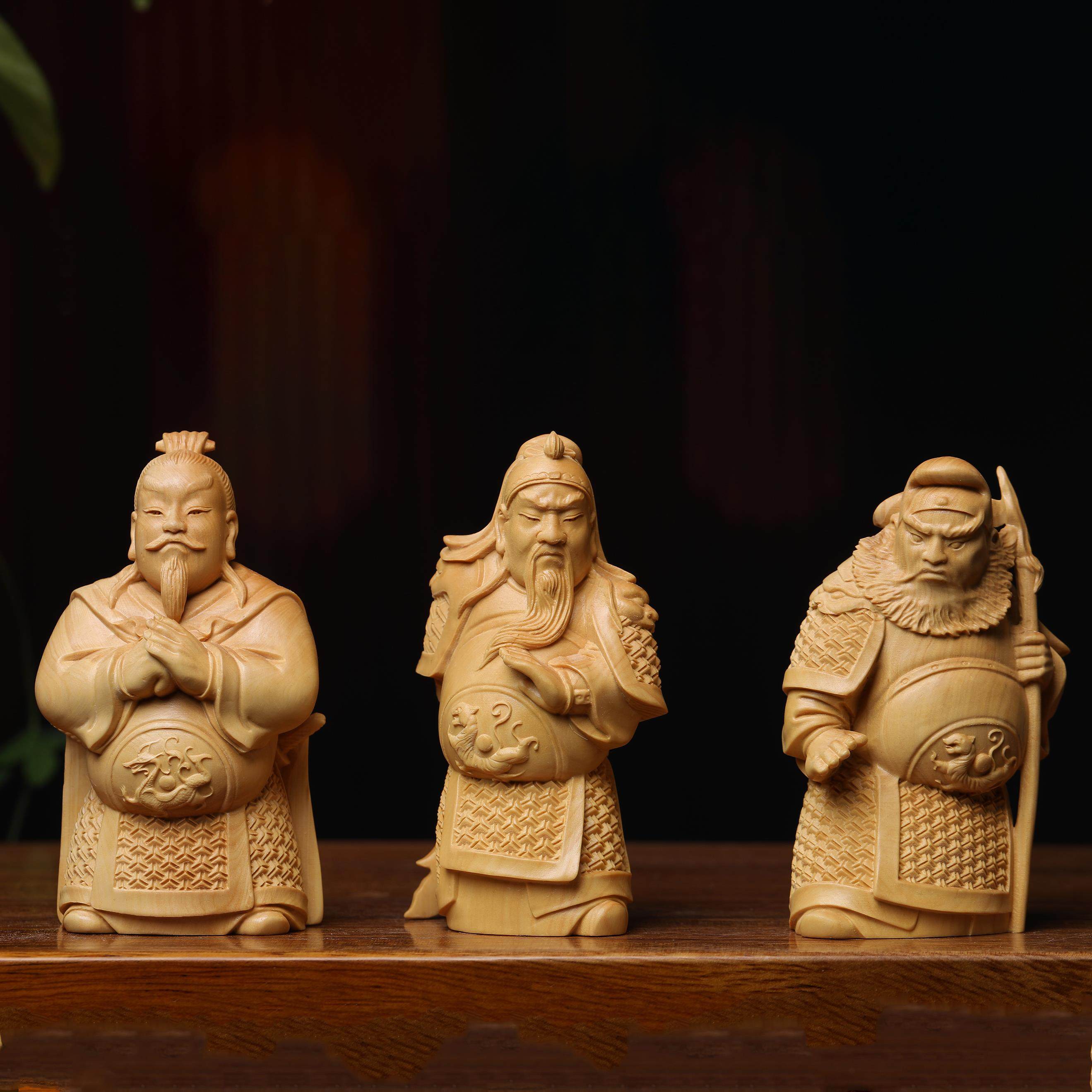 正宗小叶黄杨木雕刘备关羽张飞桃园三结义摆件三国人物家居装饰品