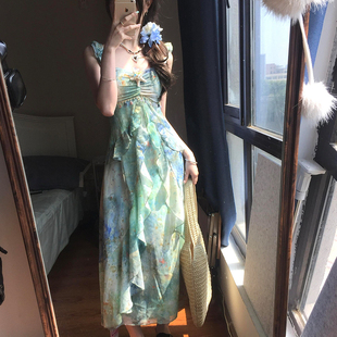现货《林间浮夏》吊带气质连衣裙女夏季高级感印花显瘦长裙仙女裙