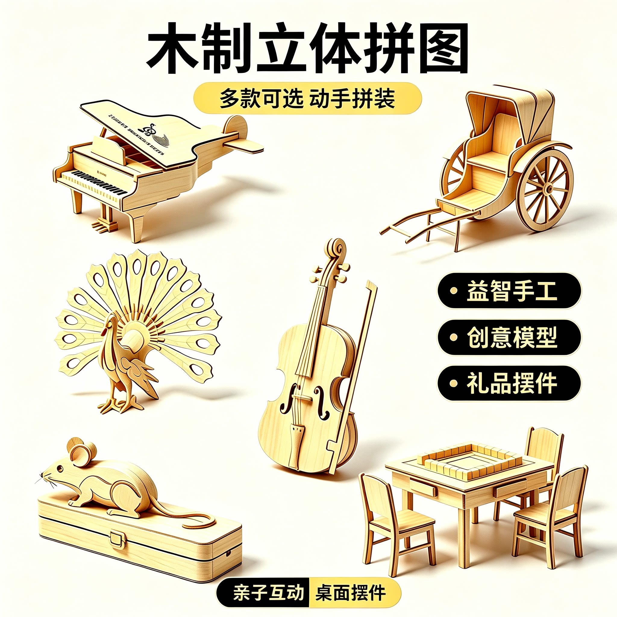 木制立体拼图交通工具益智摆件图片