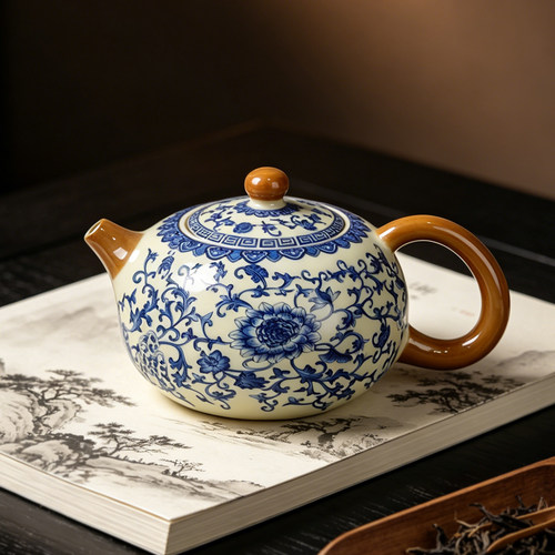 汝窑青花缠枝莲如意壶家用高档功夫茶具中式泡茶单壶陶瓷复古大容
