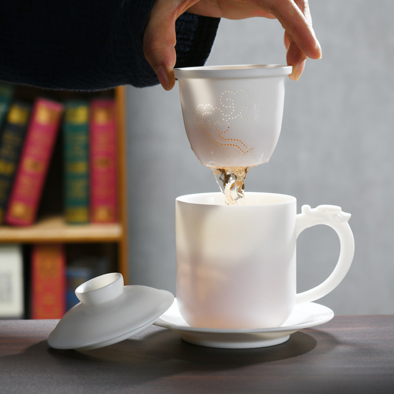 瓷办公杯高档素烧玉瓷过滤杯带盖白瓷水杯陶瓷喝水杯礼盒装定制