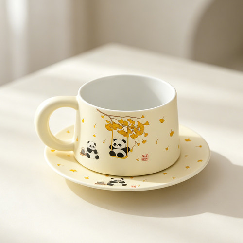 熊猫咖啡杯带碟水杯精致高颜值商务伴手礼送礼物情侣创意可爱复古
