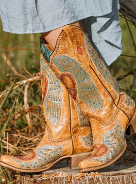 美国代购CORRAL女靴秋季秋款翅膀刺绣铆钉短靴做旧复古西部牛仔靴