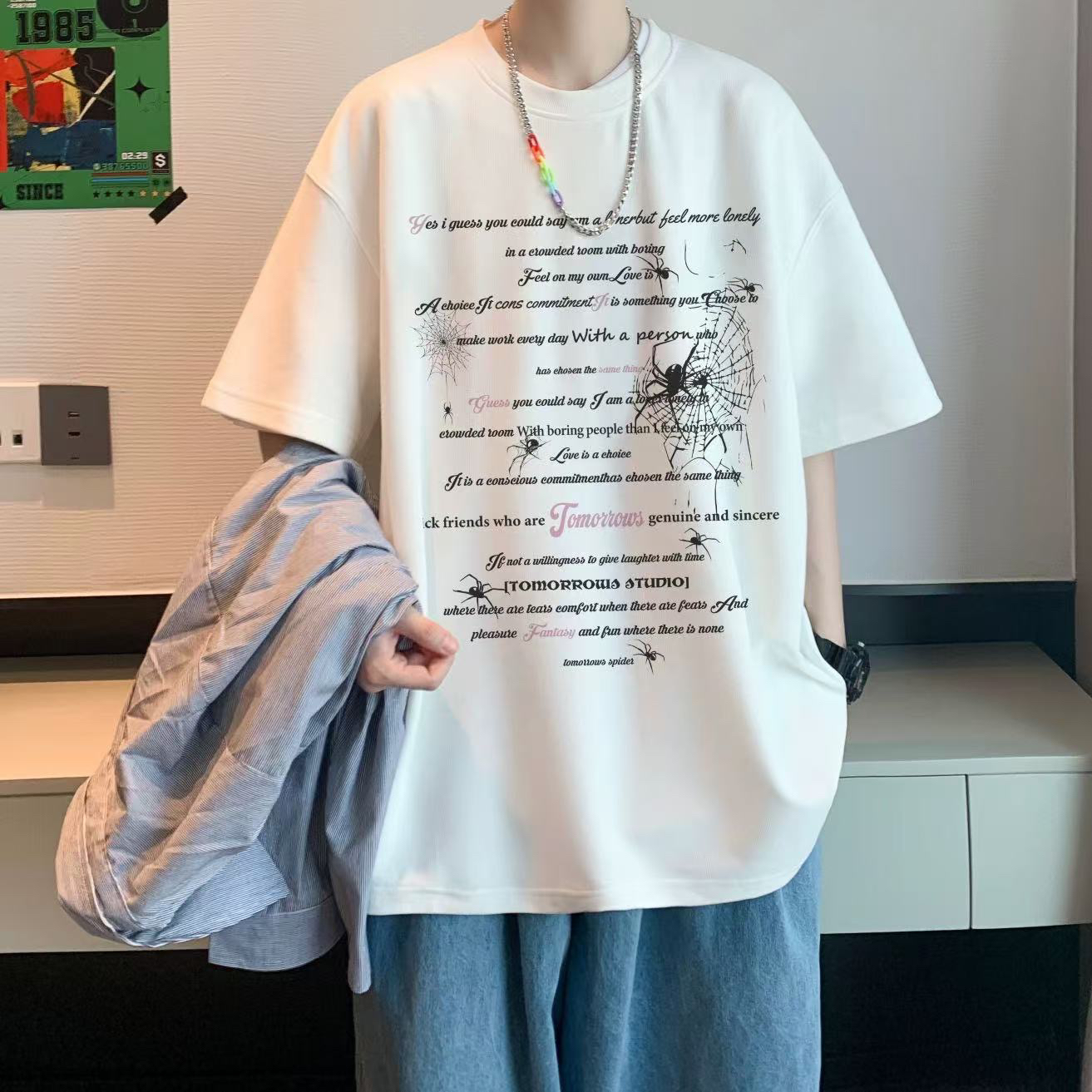 重磅纯棉欧美潮牌蜘蛛字母ins短袖t恤男生夏季慵懒风简约宽松上衣