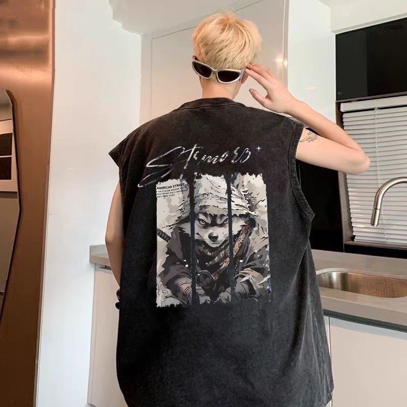美式复古战狼印花背心男款夏季