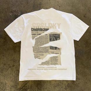 美式 T恤男女高街痞帅宽松休闲体恤 复古报纸印花230G重磅纯棉短袖