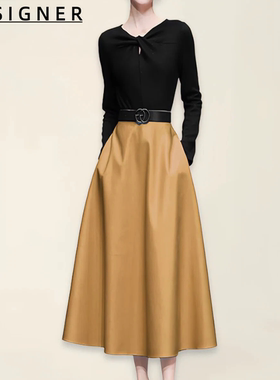 D E S I G N E R香港2025秋季黑色针织上衣A字大摆PU皮半裙套装