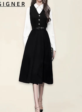 D E S I G N E R香港2025秋季女无袖V领毛呢收腰大摆长裙连衣裙